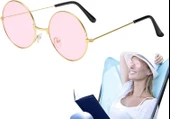 Yuvarlak Cam John Lennon Tarzı Hippi Gold Çerçeveli Pembe Gözlük thumbnail 4