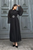 Plise Detaylı Kemerli Rahat Form Abiye Elbise 2183-Siyah thumbnail 2