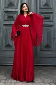 Kruvaze Yaka Yarasa Kol Pliseli Abiye Elbise 2235-Kırmızı thumbnail 1