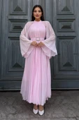 Plise Detaylı Kemerli Rahat Form Abiye Elbise 2183-Pembe thumbnail 5