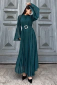 Plise Detaylı Kemerli Rahat Form Abiye Elbise 2183-Yeşil thumbnail 1