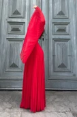 Kruvaze Yaka Yarasa Kol Pliseli Abiye Elbise 2235-Kırmızı thumbnail 4