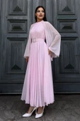Plise Detaylı Kemerli Rahat Form Abiye Elbise 2183-Pembe thumbnail 4