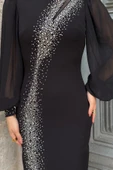 Yaka Detaylı Taş ve İnci Süslemeli Abiye Elbise 2204-Siyah thumbnail 5