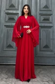 Kruvaze Yaka Yarasa Kol Pliseli Abiye Elbise 2235-Kırmızı thumbnail 2