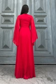 Kruvaze Yaka Yarasa Kol Pliseli Abiye Elbise 2235-Kırmızı thumbnail 7