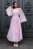 Plise Detaylı Kemerli Rahat Form Abiye Elbise 2183-Pembe thumbnail 2