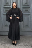 Plise Detaylı Kemerli Rahat Form Abiye Elbise 2183-Siyah thumbnail 4