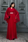 Kruvaze Yaka Yarasa Kol Pliseli Abiye Elbise 2235-Kırmızı thumbnail 3