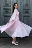 Plise Detaylı Kemerli Rahat Form Abiye Elbise 2183-Pembe thumbnail 3