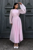 Plise Detaylı Kemerli Rahat Form Abiye Elbise 2183-Pembe thumbnail 1