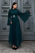 Plise Detaylı Kemerli Rahat Form Abiye Elbise 2183-Yeşil thumbnail 3