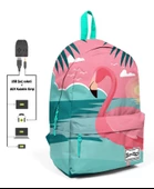 Coral High Yeşil Pembe Flamingo Desenli Sırt Çantası - Okul ve Günlük - USB+AUX Soketli thumbnail 1
