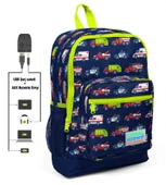 Coral High Kids Dört Gözlü Erkek Çocuk İlkokul Çantası - Yardımcı Arabalar Baskılı - USB+AUX Soketli thumbnail 1