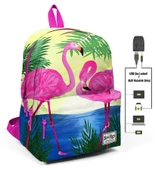 Coral High Flamingo Aşkı Üç Gözlü Okul ve Günlük Sırt Çantası - USB+AUX Soketli thumbnail 1