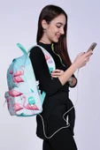 Coral High Yeşil Flamingo Desenli Sırt Çantası - Okul ve Günlük - USB+AUX Soketli thumbnail 3