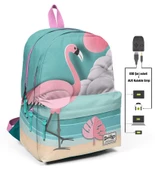 Coral High Yeşil Flamingolu Üç Gözlü Okul ve Günlük Sırt Çantası - USB+AUX Soketli thumbnail 1
