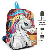 Coral High Üç Bölmeli Büyük Unicorn Okul ve Günlük Sırt Çantası - USB+AUX - 1