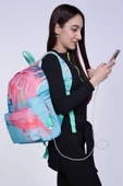 Coral High Yeşil Pembe Flamingo Desenli Sırt Çantası - Okul ve Günlük - USB+AUX Soketli thumbnail 3