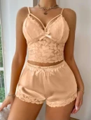 AmoraSecret AmoraSecret Sarı Dantelli Büstiyer İnce Askılı Saten Şortlu Takım - 2
