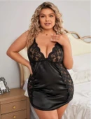 Arias Closet Büyük Beden Siyah Dantel İşlemeli Saten Gecelik thumbnail 2