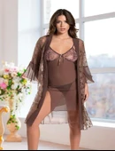 AmoraSecret AmoraSecret Haki Transparan Dantel İşlemeli Tül Yırtmaçlı 2'li Gecelik Takımı - 1