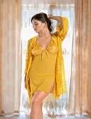 AmoraSecret AmoraSecret Sarı Transparan Dantel İşlemeli Tül Yırtmaçlı 2'li Gecelik Takımı - 2