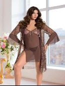 AmoraSecret AmoraSecret Haki Transparan Dantel İşlemeli Tül Yırtmaçlı 2'li Gecelik Takımı - 2