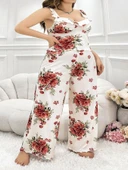 Amora Secret Büyük Beden Gül Desenli İnce Askılı Beyaz Salaş 2'li Takım thumbnail 1