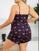 AmoraSecret AmoraSecret Büyük Beden Siyah Kalp Desen İnce Askılı Pamuklu Şortlu Pijama Takımı - 3