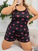 AmoraSecret AmoraSecret Büyük Beden Siyah Kalp Desen İnce Askılı Pamuklu Şortlu Pijama Takımı - 1
