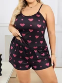 AmoraSecret AmoraSecret Büyük Beden Siyah Kalp Desen İnce Askılı Pamuklu Şortlu Pijama Takımı - 2
