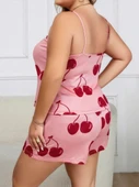 Amora Secret Büyük Beden Pembe Kiraz Desen İnce Askılı Pamuklu Şortlu Pijama Takımı thumbnail 3