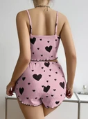 AmoraSecret AmoraSecret Pamuklu Pembe Üstüne Siyah Kalp Desenli Askılı Fitilli Şortlu Pijama Takımı - 3