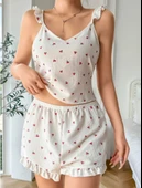 Amora Secret Pamuklu Beyaz Üstüne Kiraz Desen Fırfır Askılı Şortlu Pijama Takımı - 2