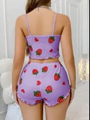 AmoraSecret AmoraSecret Pamuklu Lila Üstüne Çilek Desen Fitilli Askılı Şortlu Pijama Takımı - 3