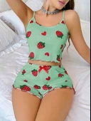 AmoraSecret AmoraSecret Pamuklu Yeşil Üstüne Çilek Desen Fitilli Askılı Şortlu Pijama Takımı - 1