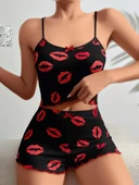Amora Secret Pamuklu Kiss Öpücük Desen Siyah Fitilli Şortlu Pijama Takımı - 1