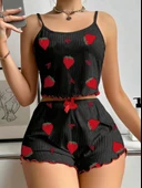 AmoraSecret AmoraSecret Pamuklu Siyah Üstüne Çilek Desen Fitilli Askılı Şortlu Pijama Takımı - 1