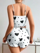 AmoraSecret AmoraSecret Pamuklu Beyaz Üstüne Siyah Kalp Desen Fitilli Askılı Şortlu Pijama Takımı - 2