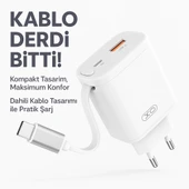 30W GaN Hızlı Şarj Cihazı  USBA & USBC Çıkışlı, Entegre Kablolu Kendinden Kablolu - 3