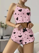 AmoraSecret AmoraSecret Pamuklu Pembe Üstüne Siyah Kalp Desenli Askılı Fitilli Şortlu Pijama Takımı - 2