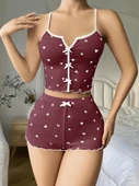 AmoraSecret AmoraSecret Pamuklu Kahverengi Üstüne Beyaz Kalp Desen Fitilli Askılı Şortlu Pijama Takımı - 2