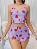 AmoraSecret AmoraSecret Pamuklu Lila Üstüne Çilek Desen Fitilli Askılı Şortlu Pijama Takımı - 2