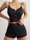 Amora Secret Pamuklu Siyah Üstüne Pembe Kurdelalı Fitilli Askılı Şortlu Pijama Takımı - 2