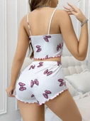 AmoraSecret AmoraSecret Pamuklu Beyaz Üstüne Pembe Kurdela Desenli Fitilli Askılı Şortlu Pijama Takımı - 3