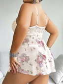 Amora Secret Büyük Beden Beyaz Üstüne Çiçek Desenli Dantel İşlemeli İnce Askılı Mini Gecelik thumbnail 3