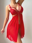 Amora Secret Kırmızı Göğüs İp Detaylı Dantel İşlemeli Tül Gecelik thumbnail 2