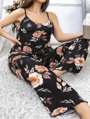 AmoraSecret AmoraSecret Büyük Beden Siyah Üstüne Çiçek Desenli İnce Askılı 2'li Pijama Takımı - 1