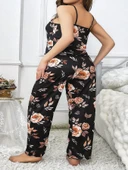 AmoraSecret AmoraSecret Büyük Beden Siyah Üstüne Çiçek Desenli İnce Askılı 2'li Pijama Takımı - 3